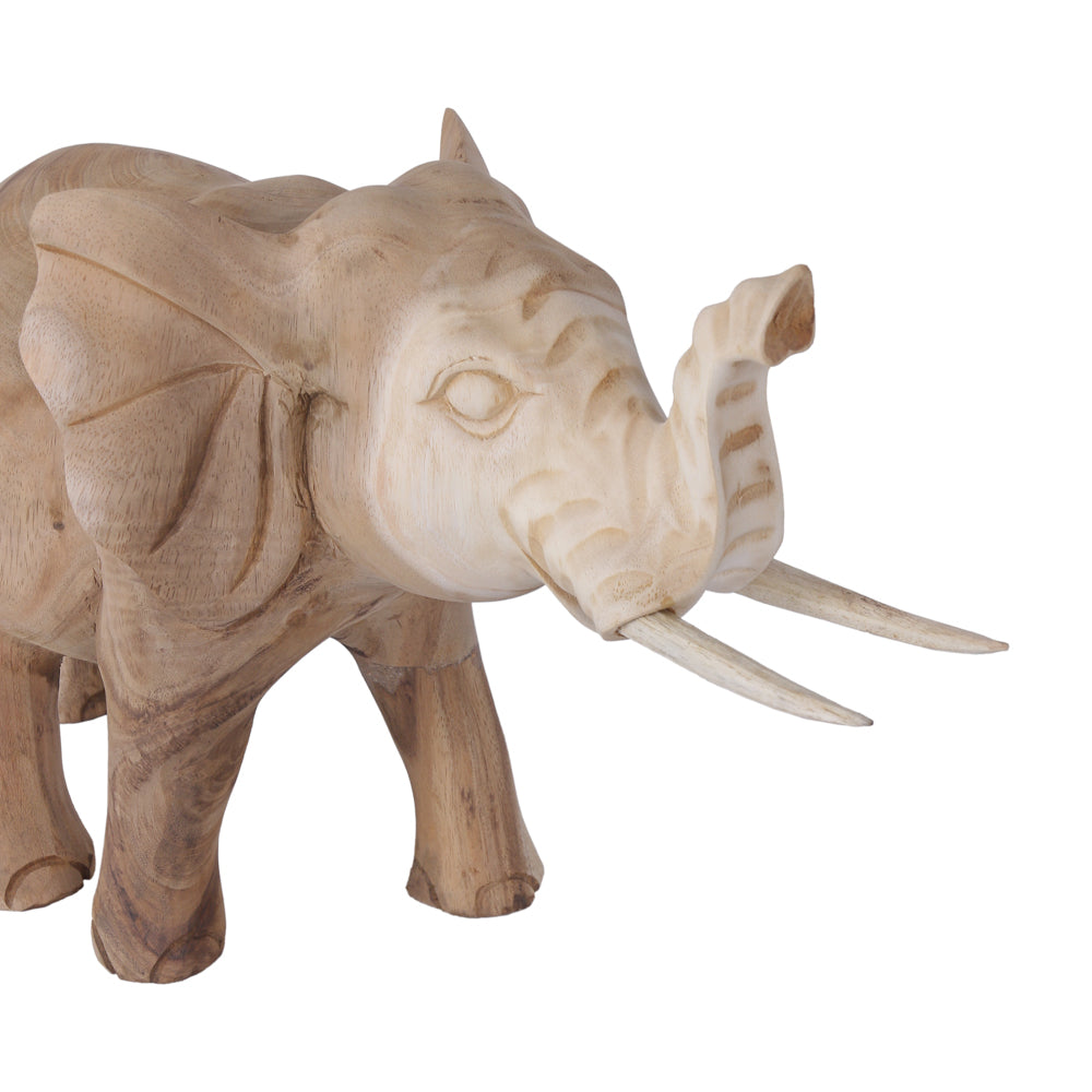 Detail van Elphas Large houten olifant met uitgesneden slurf, slagtanden en oren