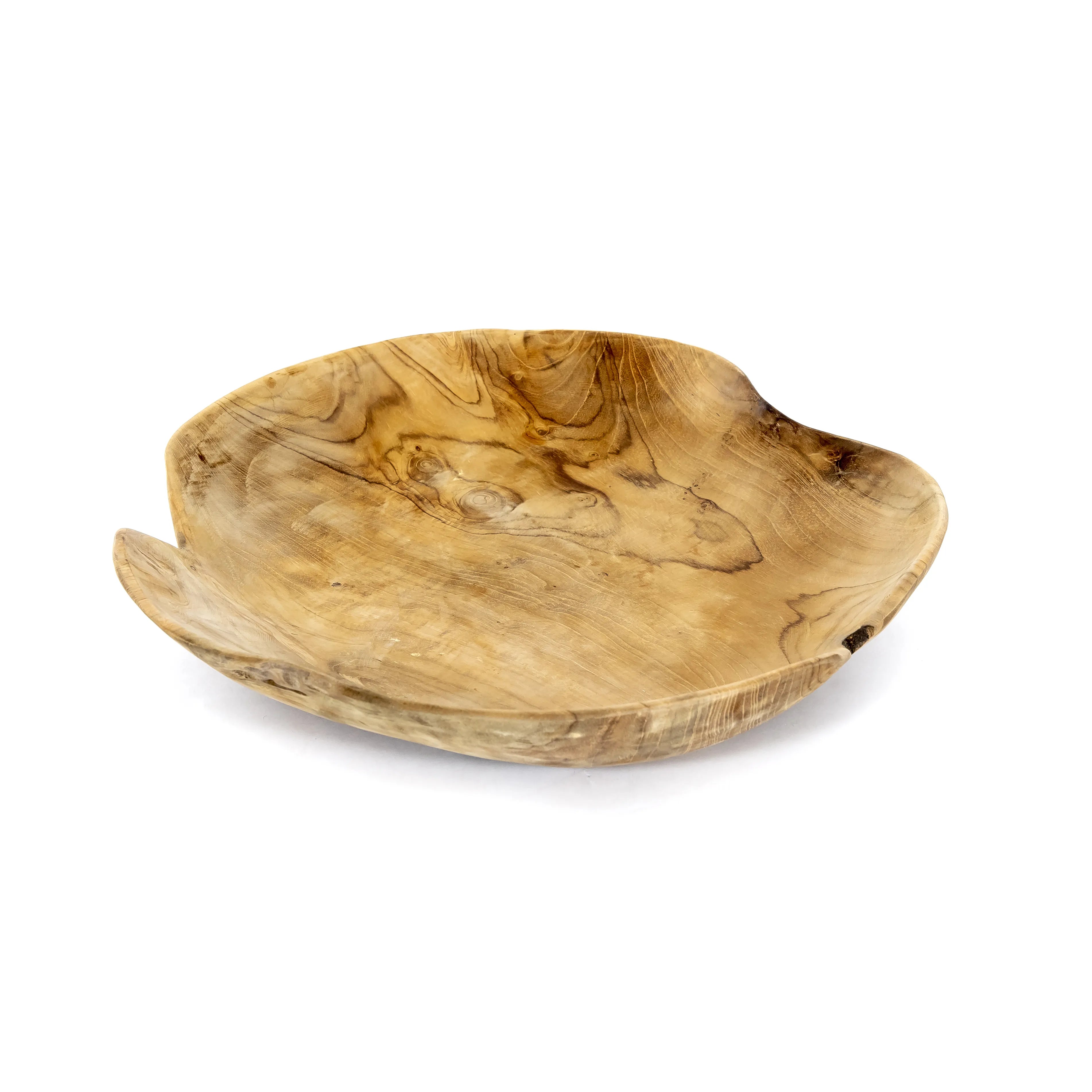 Teakhouten Madura fruitschaal, 30 cm in diameter, met een rustieke uitstraling. De schaal heeft een onregelmatige rand en een warm, natuurlijk houtpatroon