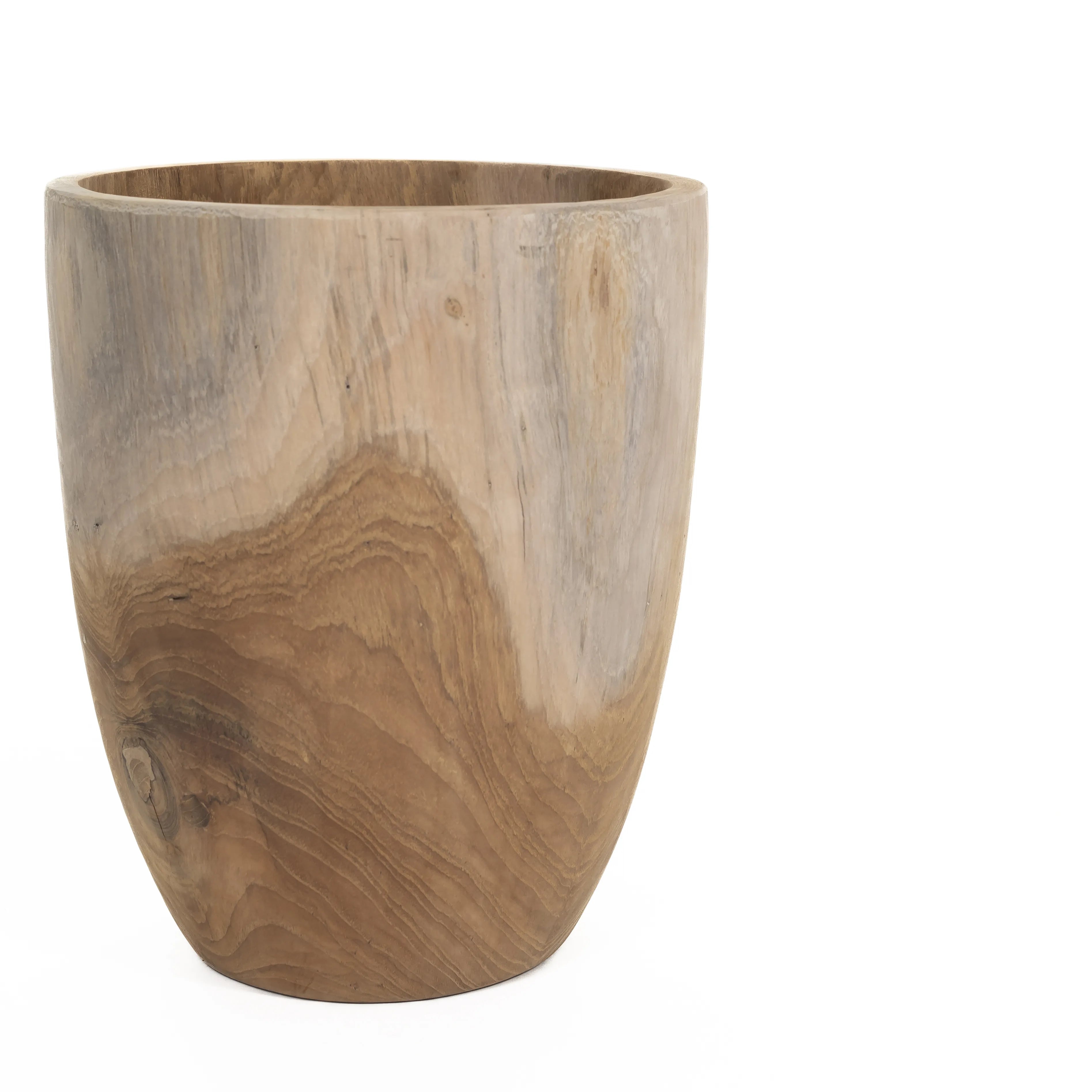 Natuurlijke teakhouten pot Amelia, 29 cm hoog, met een minimalistisch design en uniek houtpatroon.