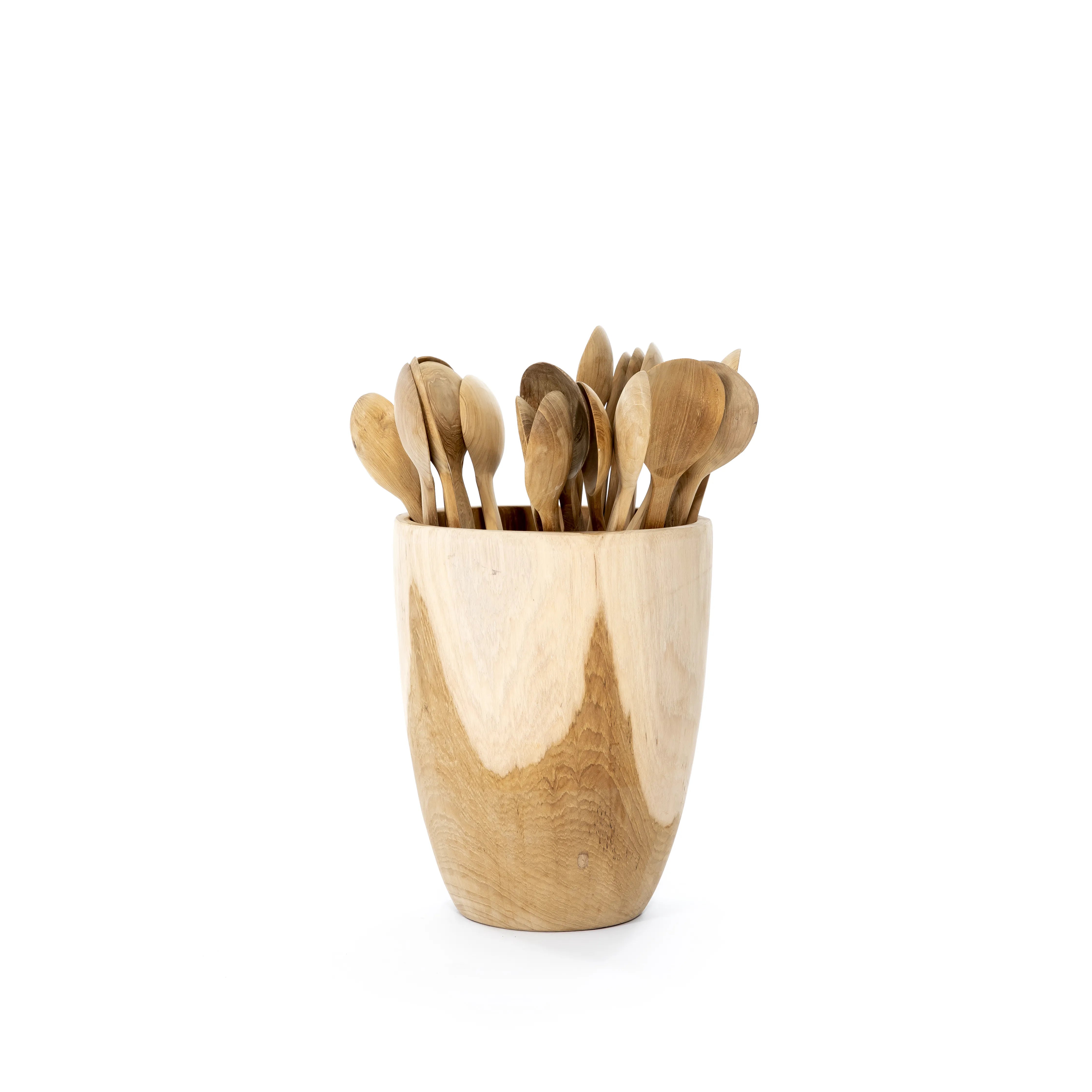 Handgemaakte teakhouten pot Amelia, 29 cm hoog, met een organische vorm en natuurlijke houtstructuur.