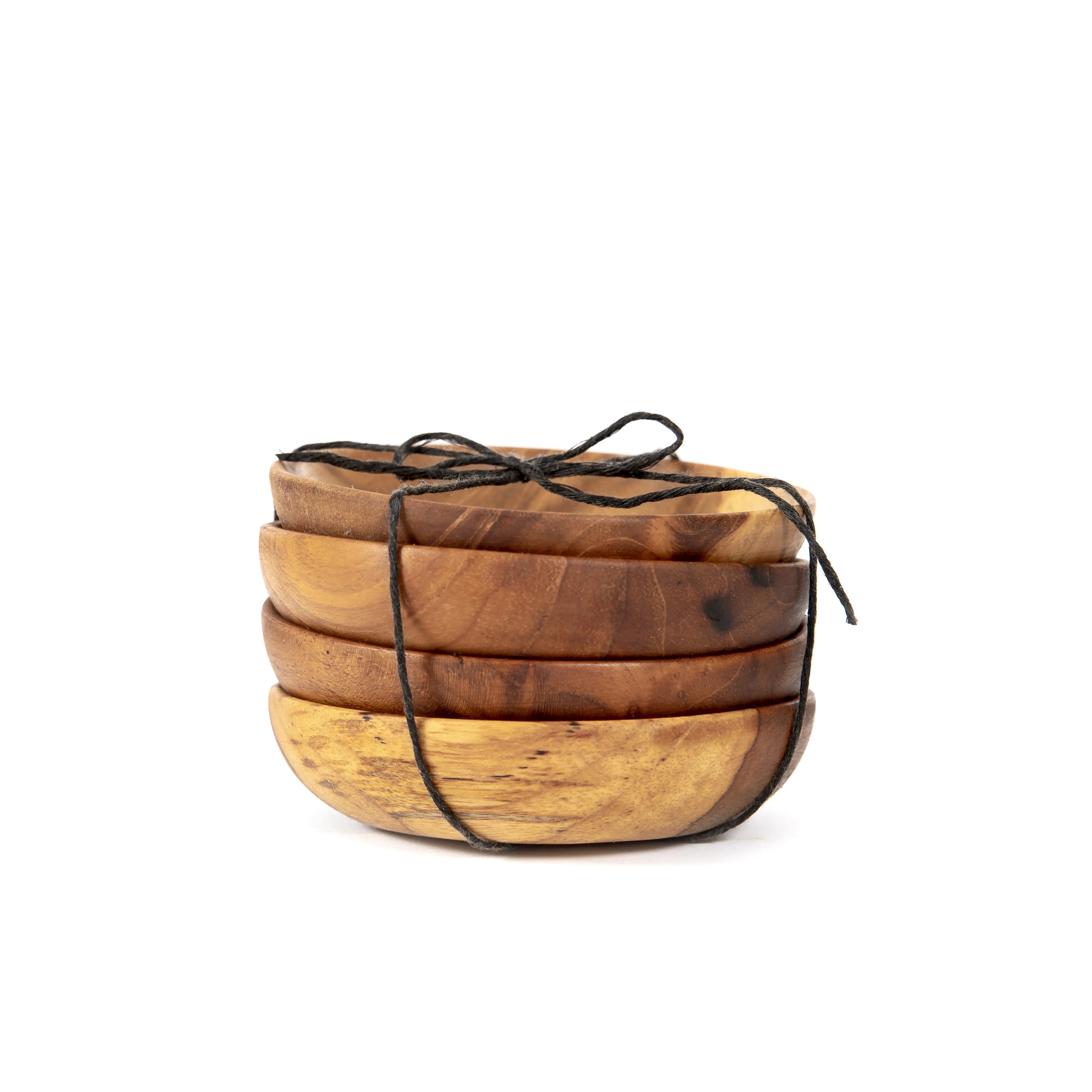 Set van 4 tapas bakjes van teakhout, gebonden met zwart touw