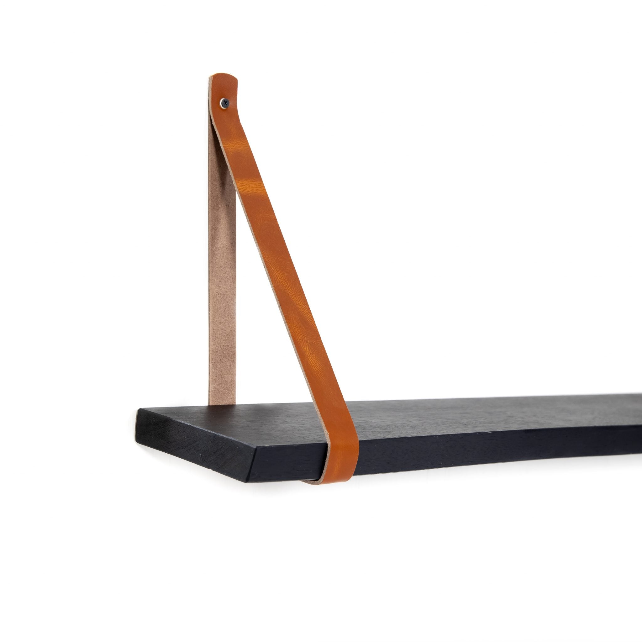 Zwarte teakhouten plank met bruine leren plankdrager