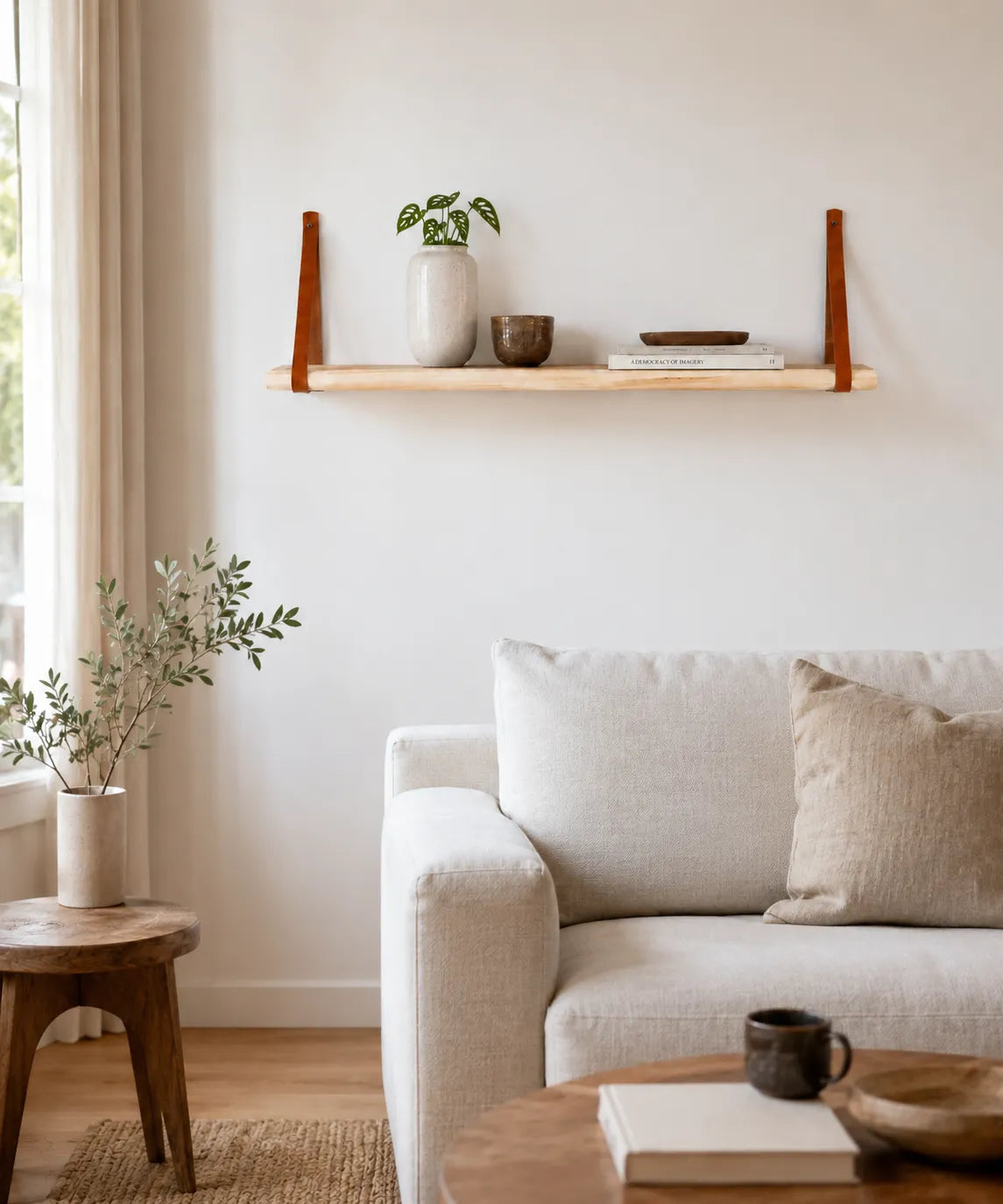 Teakhouten wandplank met bruinen leren plankdragers hangend aan de muur in een woonkamer met daarvoor een zitbank en tafel met decoratie