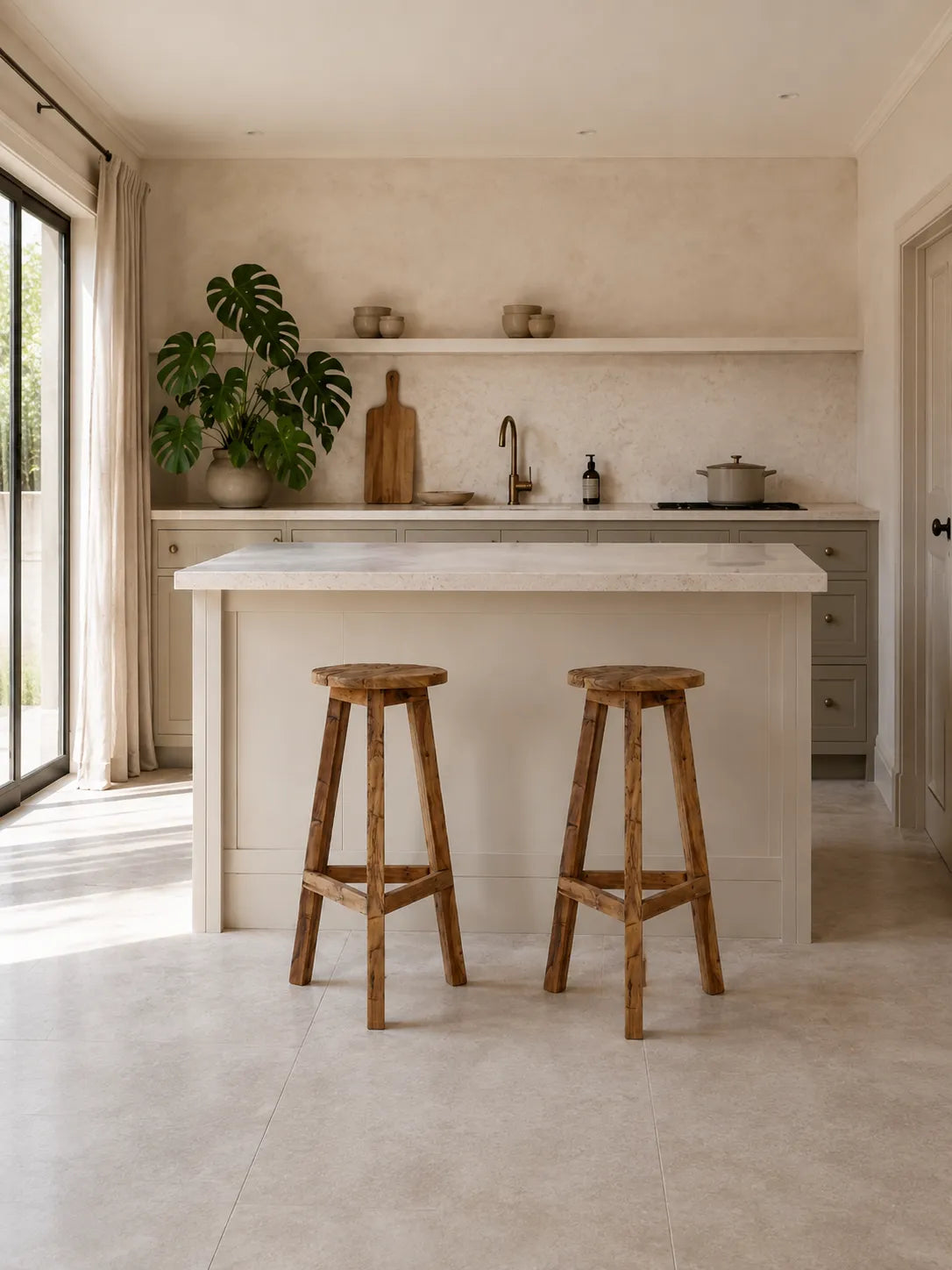 Twee vintage teakhouten barkrukken in een moderne keuken