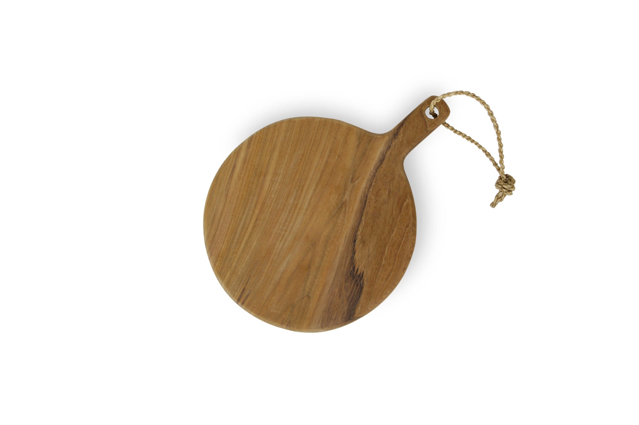 Ronde teakhouten borrel serveerplank met handvat en koord Ø35 cm.