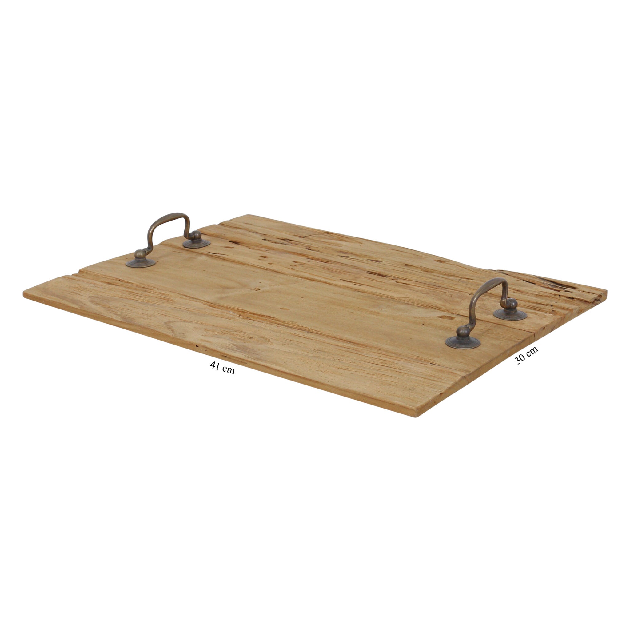 Tapasplank Camilla van oud teakhout met metalen handgrepen 43 x 30 cm.