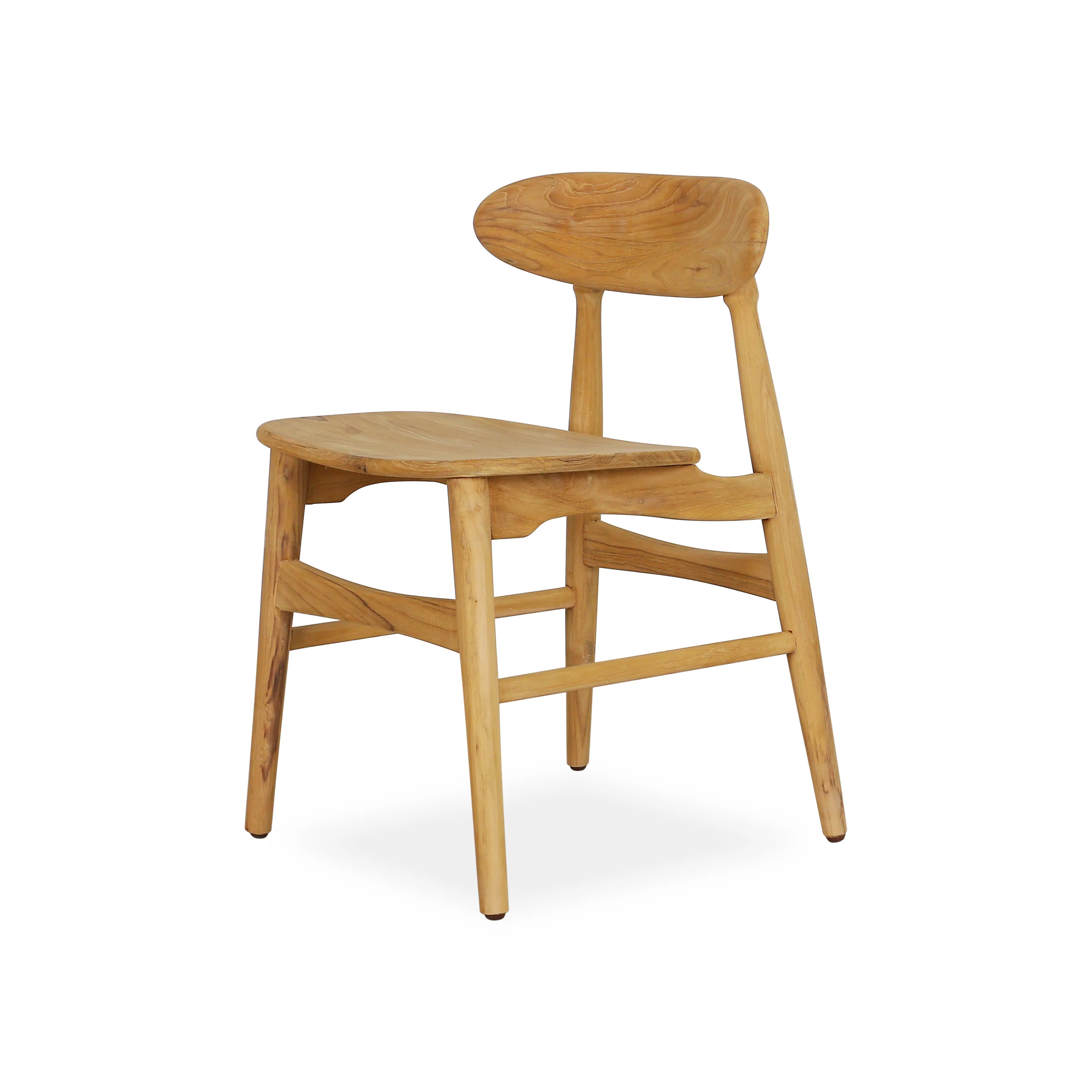 Handgemaakte teakhouten eetkamerstoel Theodore met geborstelde natuurlijke look, duurzaam design voor aan de eettafel, set van twee stoelen.