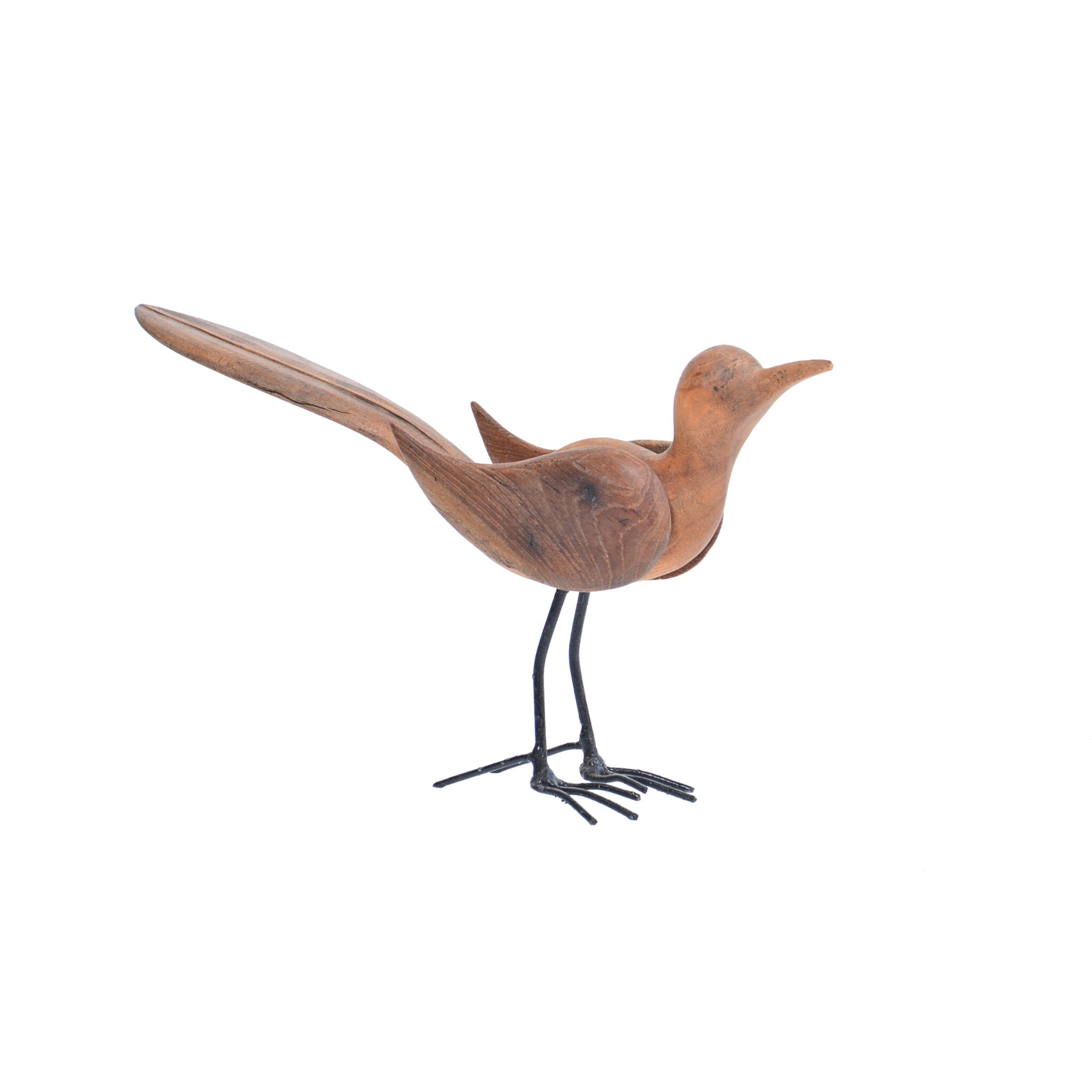 Houten merel Mandala van teakhout, handgesneden houten vogel op metalen pootjes