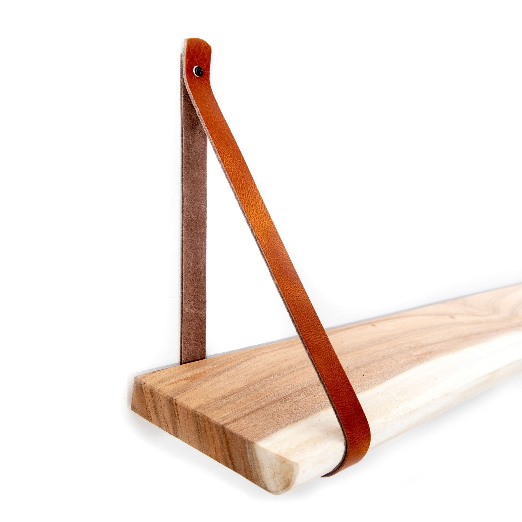Wandplank Jari van teakhout met leren plankdragers, zijaanzicht