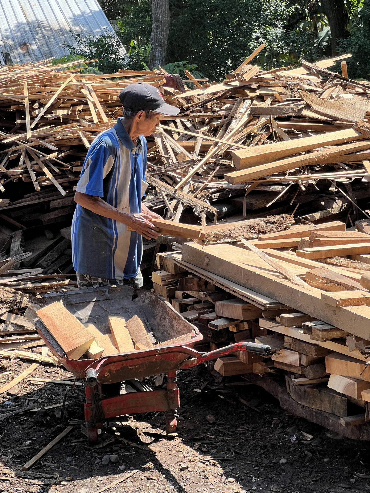 Man met kruiwagen sorteert gerecycled teakhout buiten bij een stapel oud hout in Indonesië