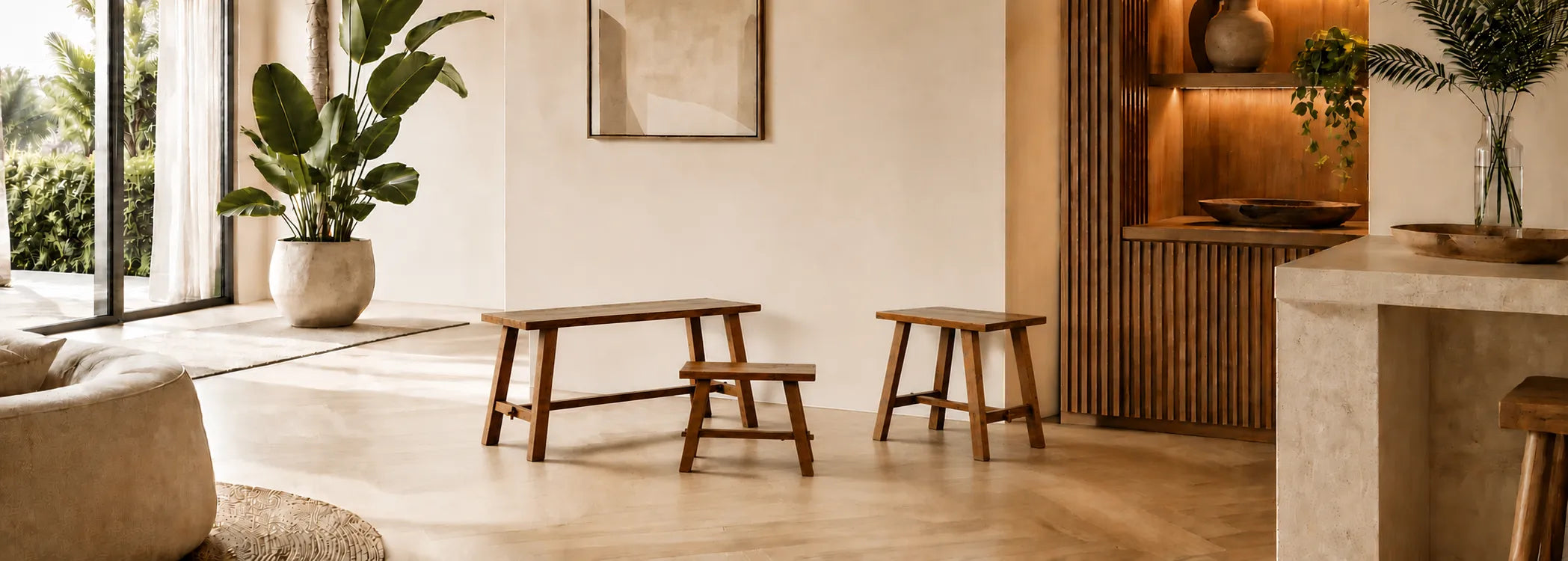 Teakhouten krukken van Tall Men Standing in huiselijke setting wat een goed beeld geeft van de krukken geplaatst in interieur
