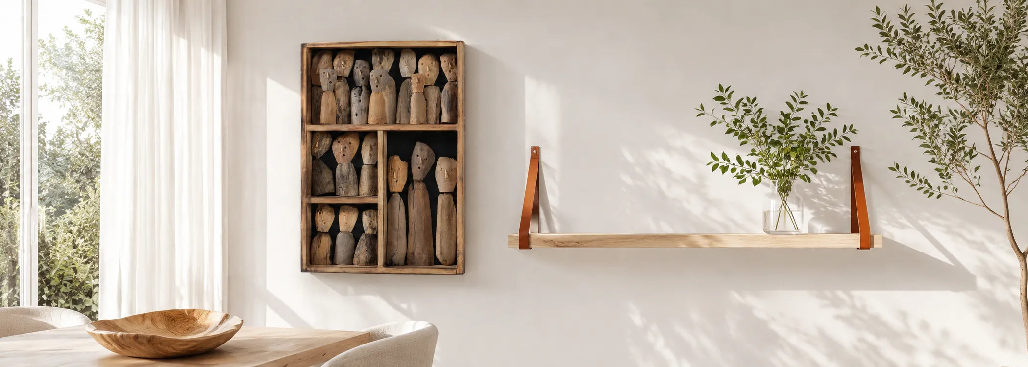 Wanddecoratie en teakhouten wandplank aan de muur in de woonkamer designed met kamerplanten en eettafel