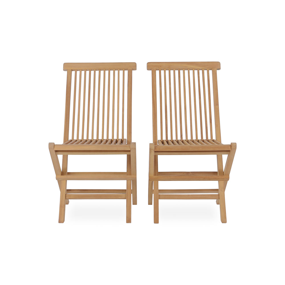 Twee Bali opvouwbare houten tuinstoelen naast elkaar