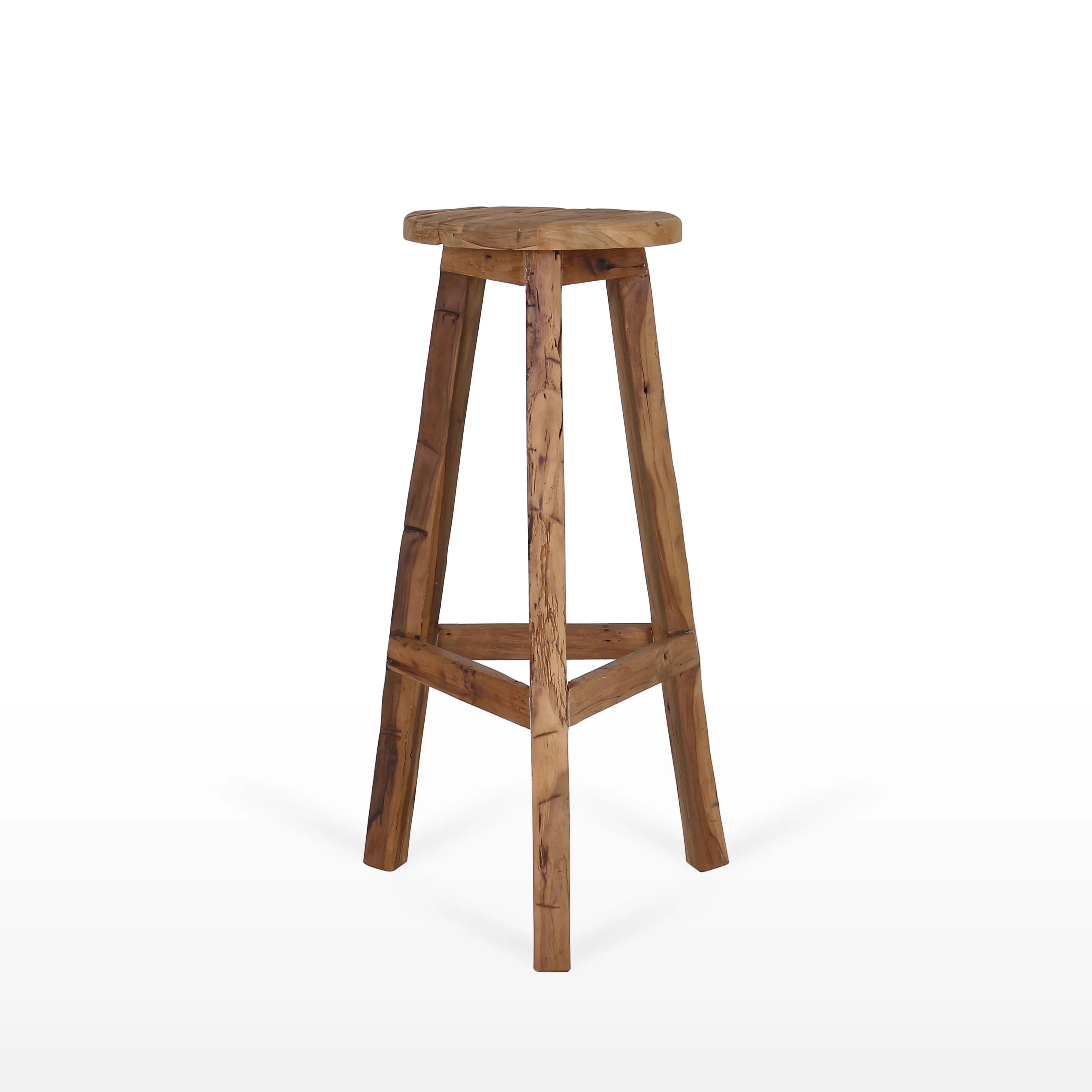 Stijlvolle barkruk van teakhout met drie poten en een ronde zitting van 30 cm diameter