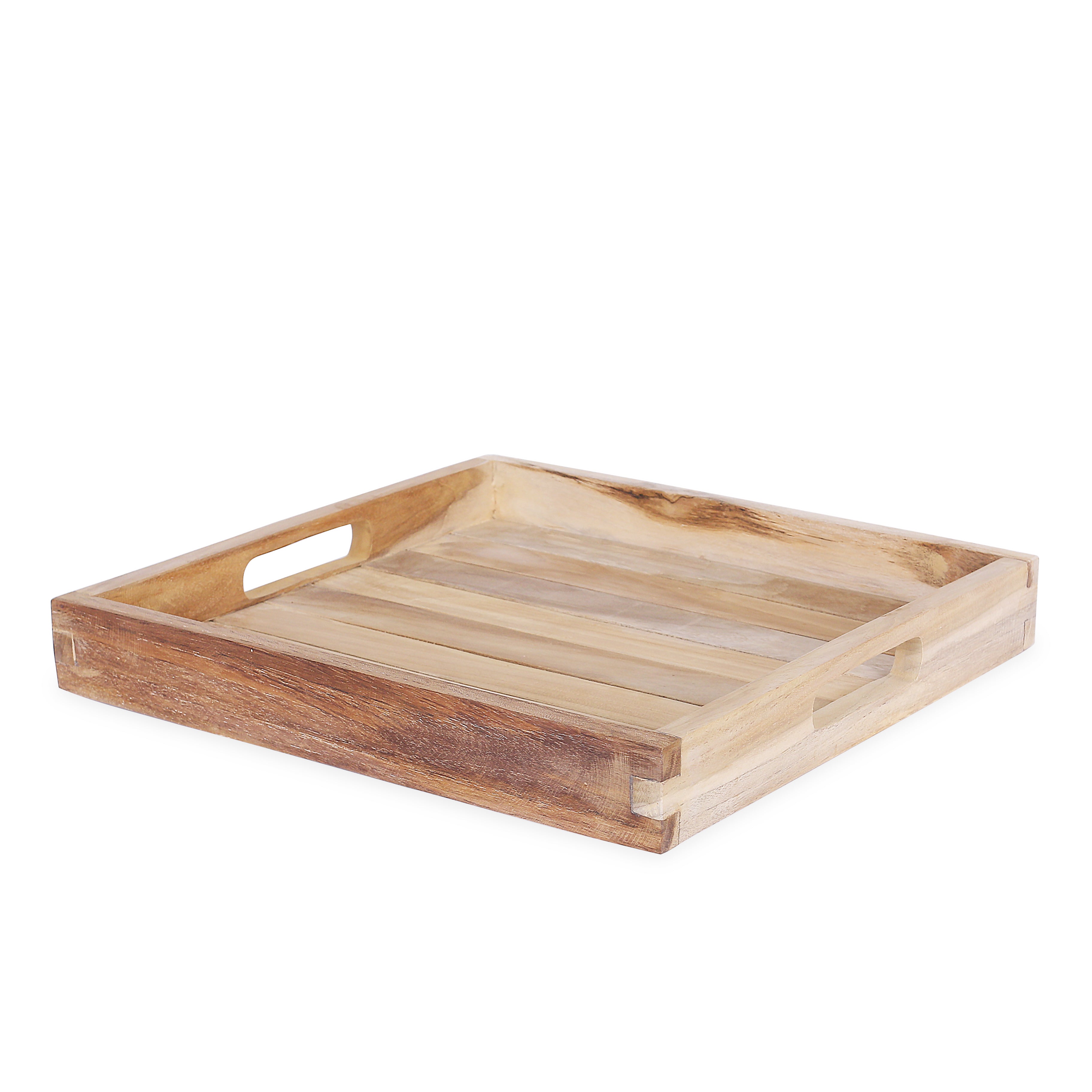 Schuine aanzicht van vierkante teakhouten dienblad met afmetingen 40x40