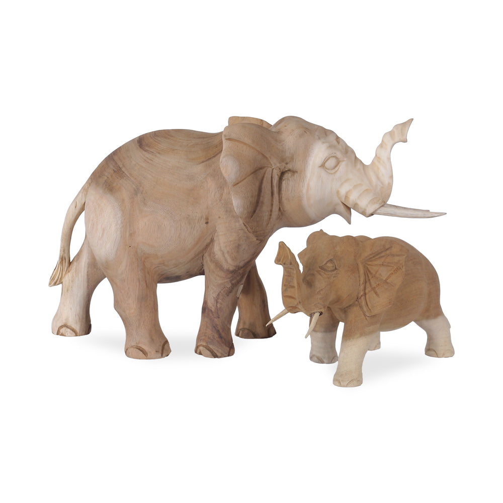 Elphas Large houten olifant decoratiebeeld samen met de kleinere Elphas variant