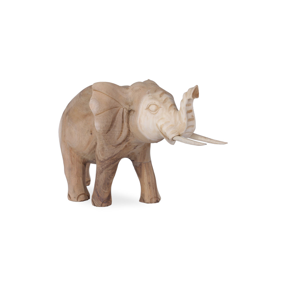 Elphas Large houten olifant decoratiebeeld met opgeheven slurf in schuin vooraanzicht