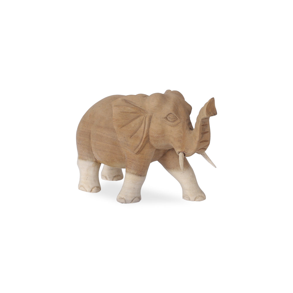 Elphas Small houten olifant decoratiebeeld met opgeheven slurf in schuin vooraanzicht