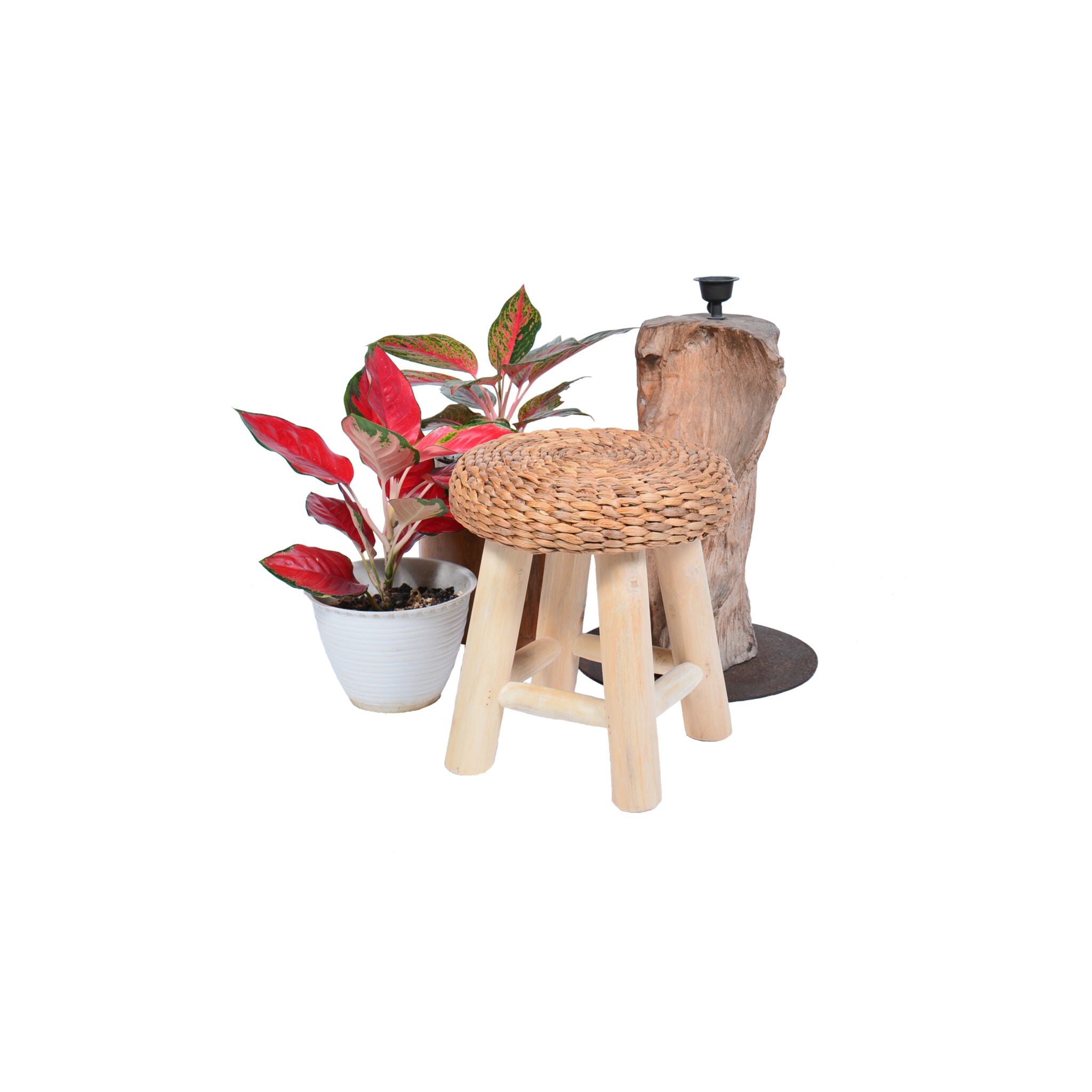 Teakhouten kruk lilly met decoratie zoals bloemen