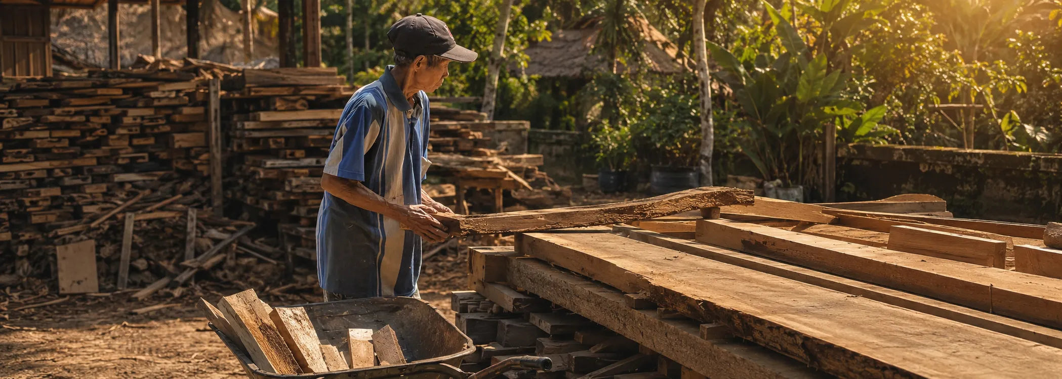Man in Indonesië die teakhout aan het bewerken is buiten met planten, hout en de zon