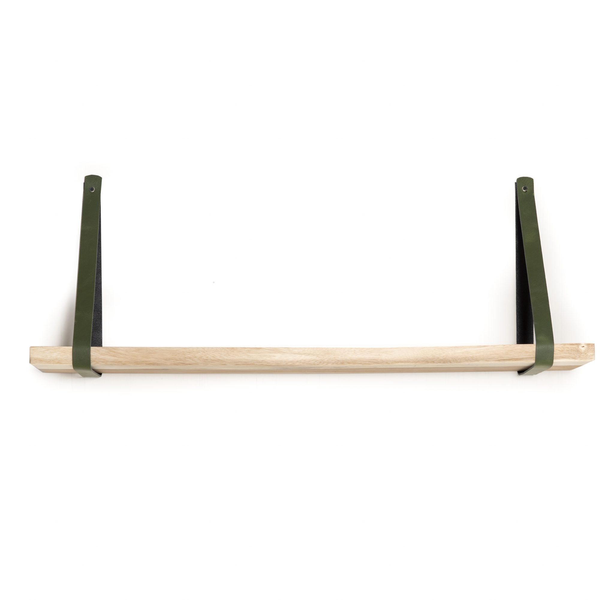 Hangende teakhouten plank met groene leren plankdragers