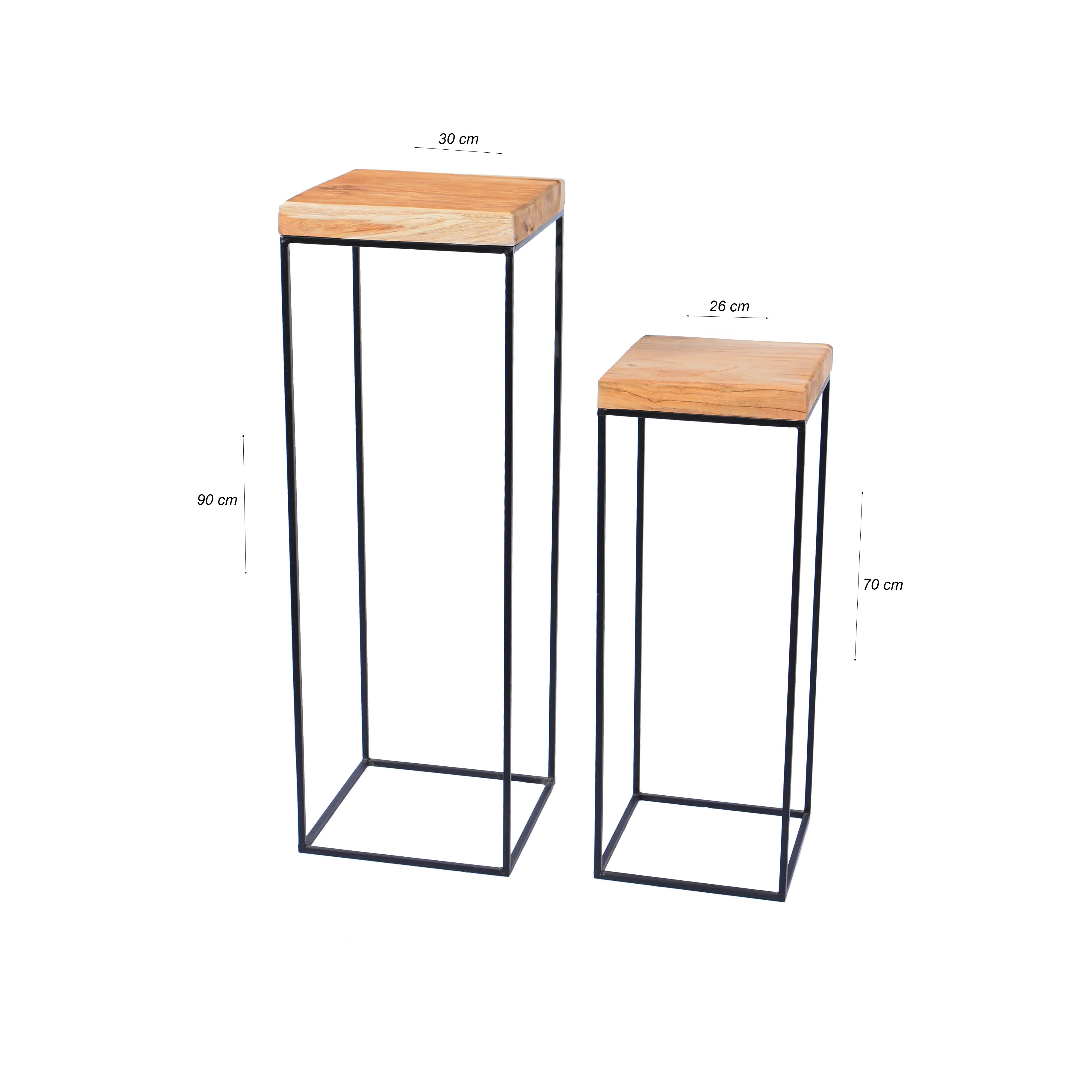 Vierkante teakhouten plantentafels 90 cm en 70 cm hoog, 30x30 en 26x26 cm