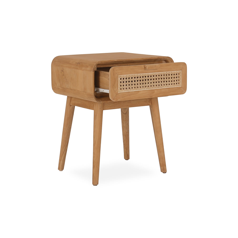 Ravello teakhouten ladenkastje met geopende lade en webbing ladefront