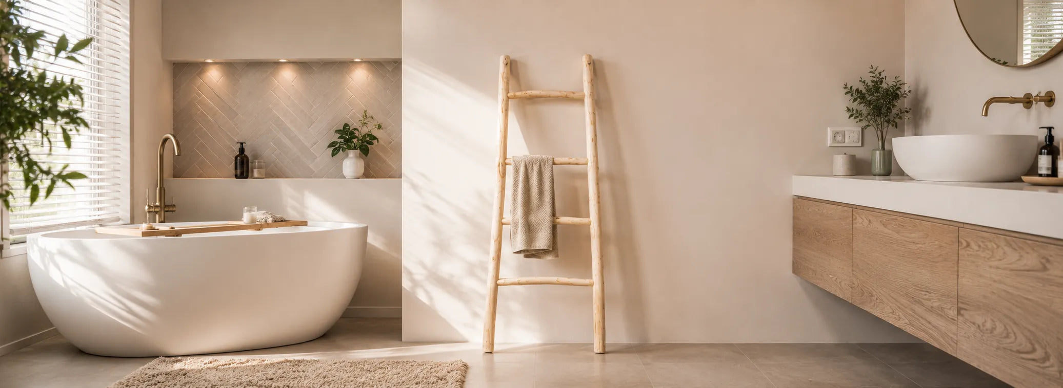 Teakhouten decoratieve ladder in een badkamer gebruikt als rek voor handdoeken