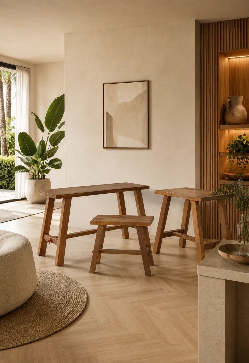 Teakhouten krukken in woonkamer met kamerplanten, decoratie en meubels op een visgraad vloer. 