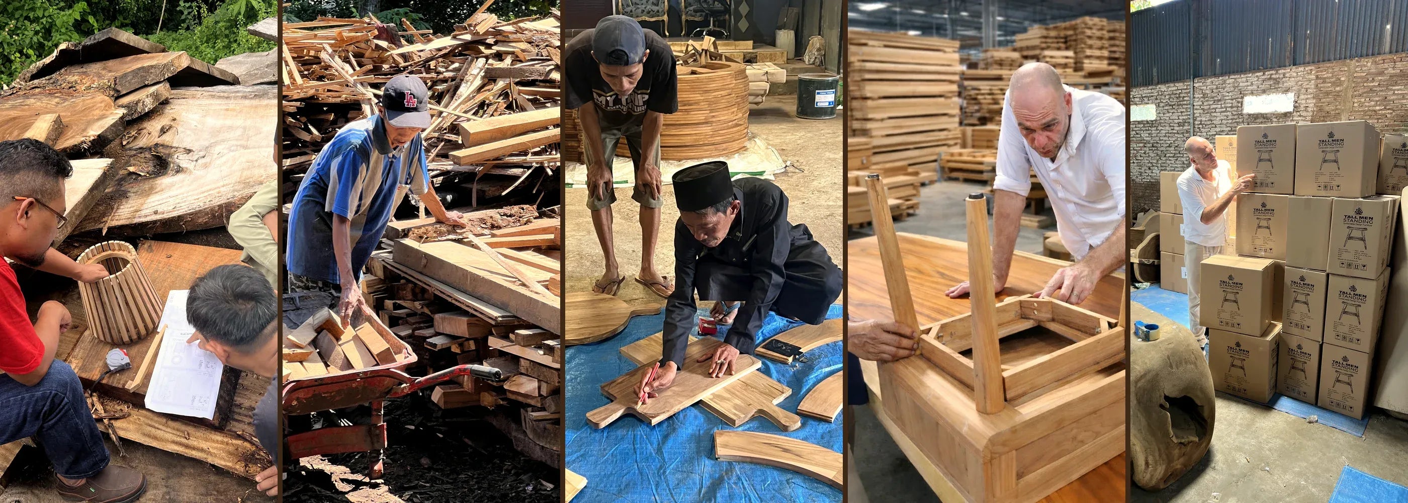 Het proces van het maken van teakhouten meubelen in één banner. Op maat maken van meubelen, het afmeten van meubelen, teakhout meubelen en verzenddozen van Tall Men Standing