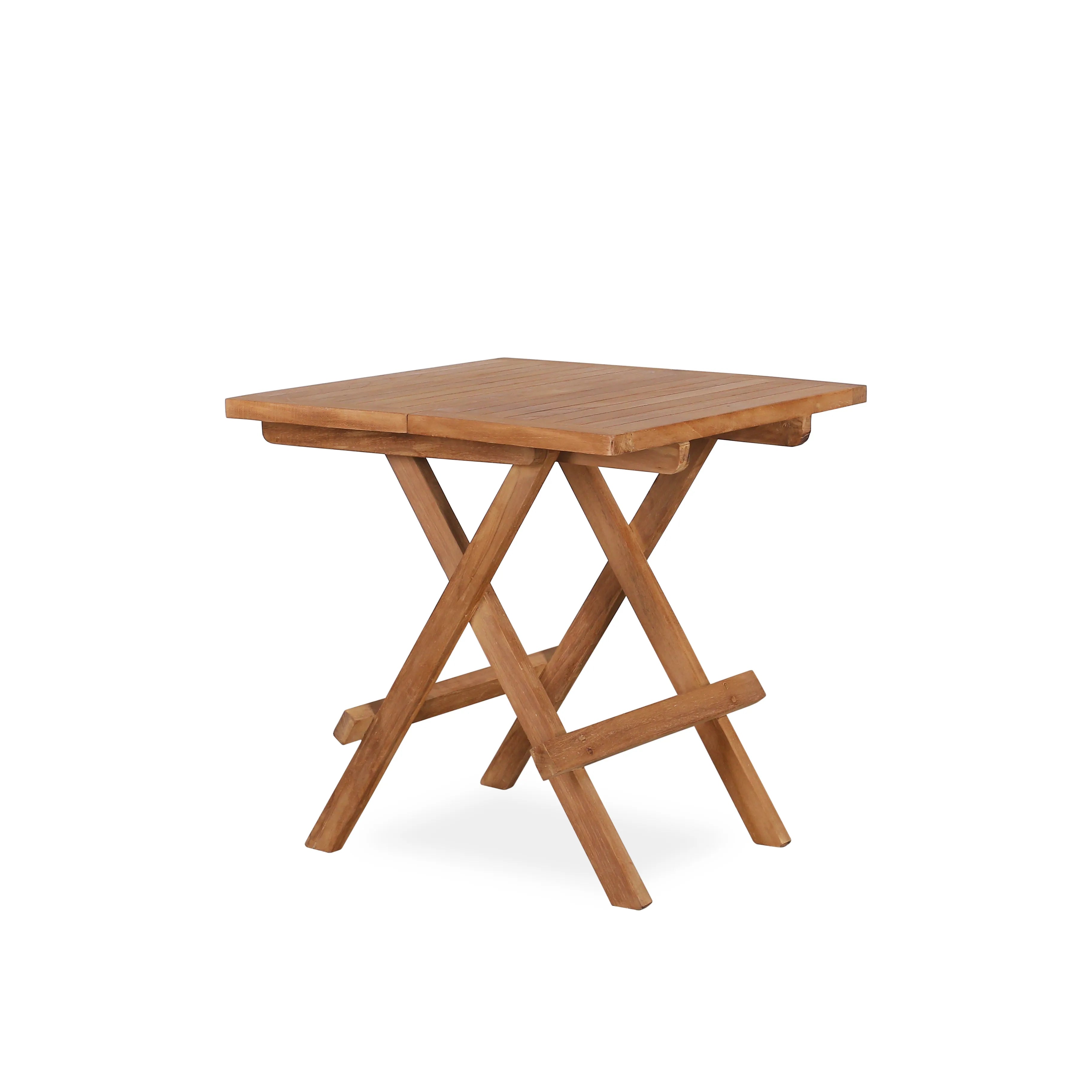 Compact inklapbaar teak tafeltje voor binnen en buiten gebruik.