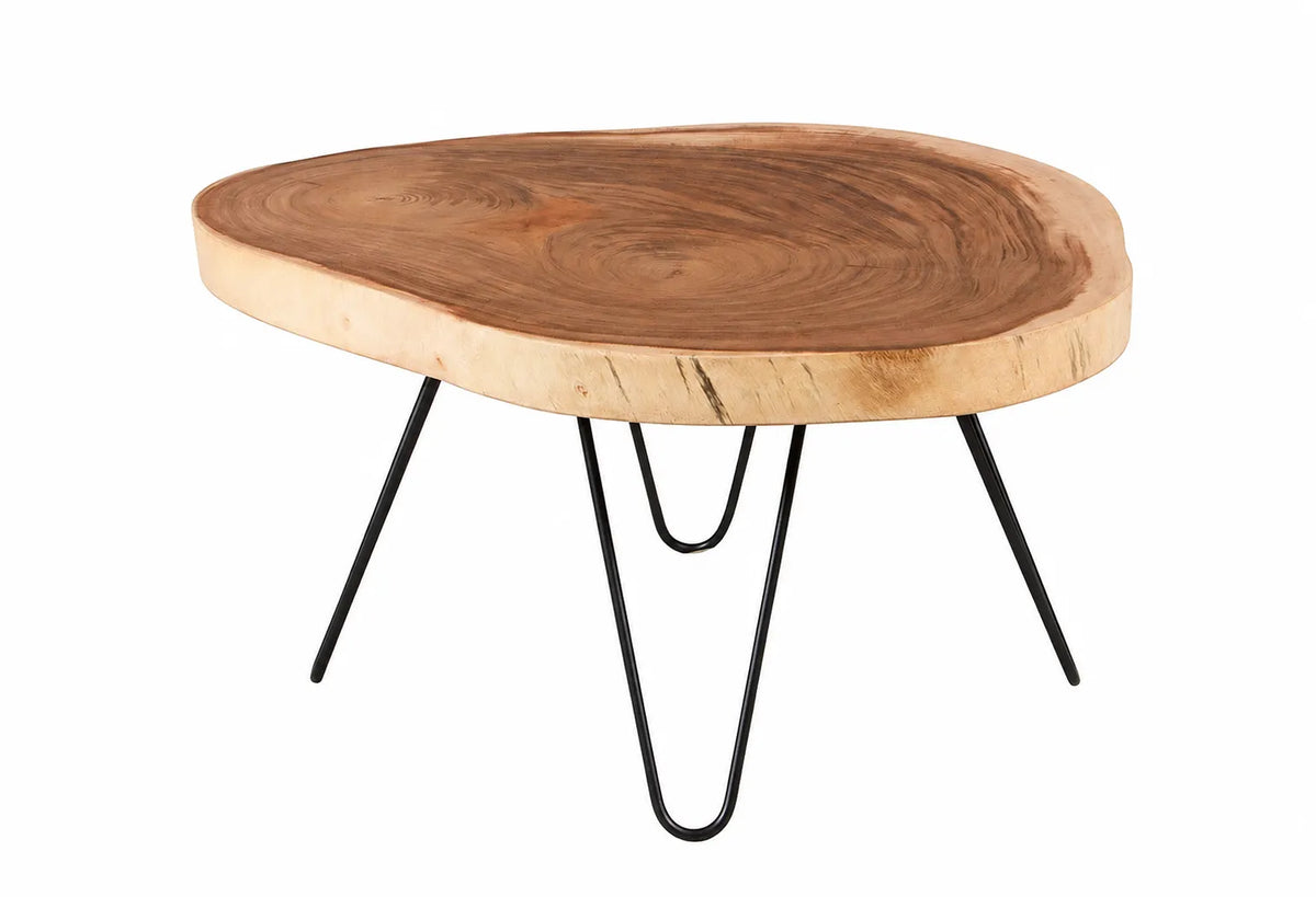 Teakhouten salontafel Bima met natuurlijke houten tafelblad en vier zwarte ijzeren poten