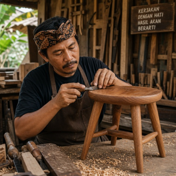 Indonesische vakman werkt met de hand aan een teakhouten kruk