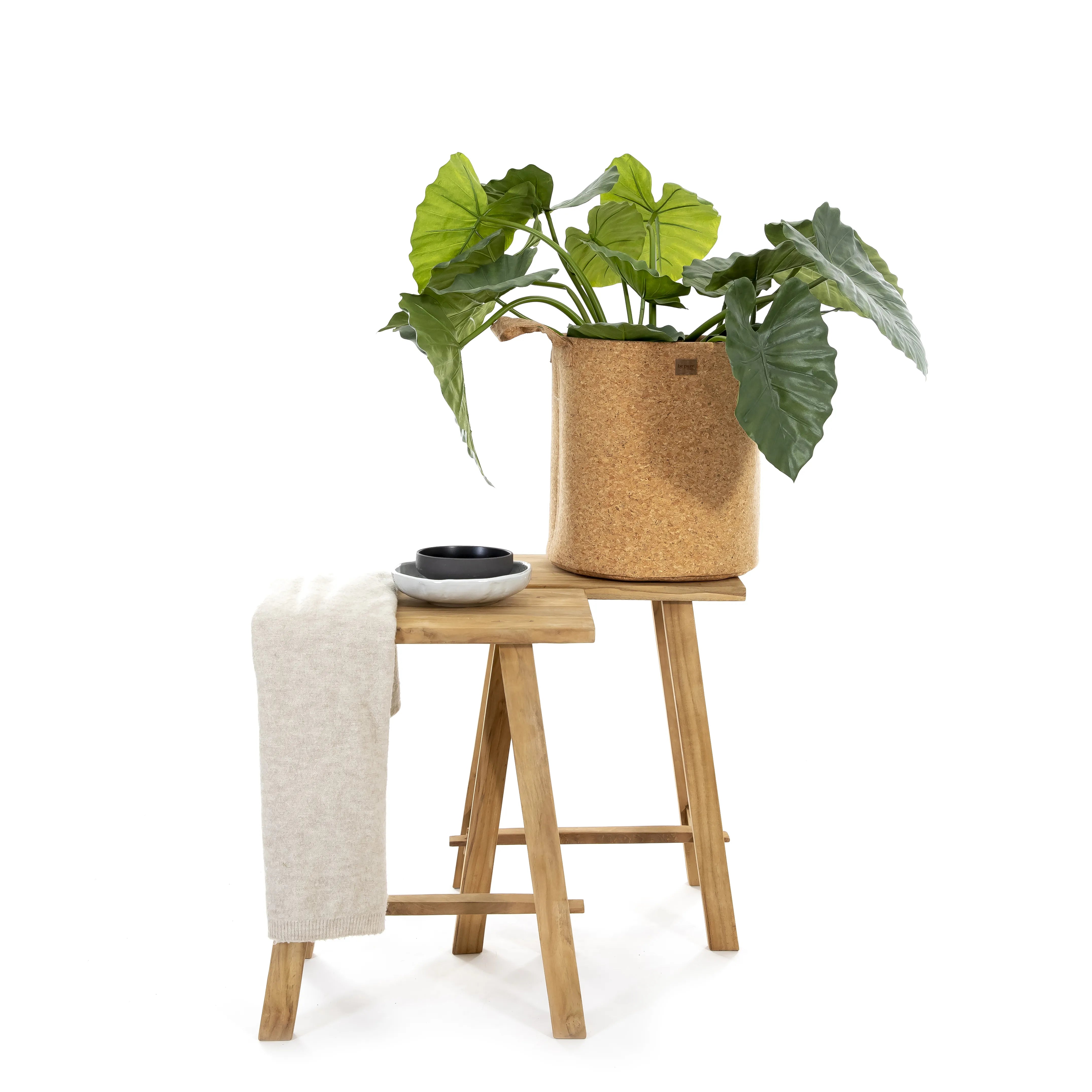 Teakhouten kruk Ganesja gebruikt als plantentafel met decoratieve accessoires