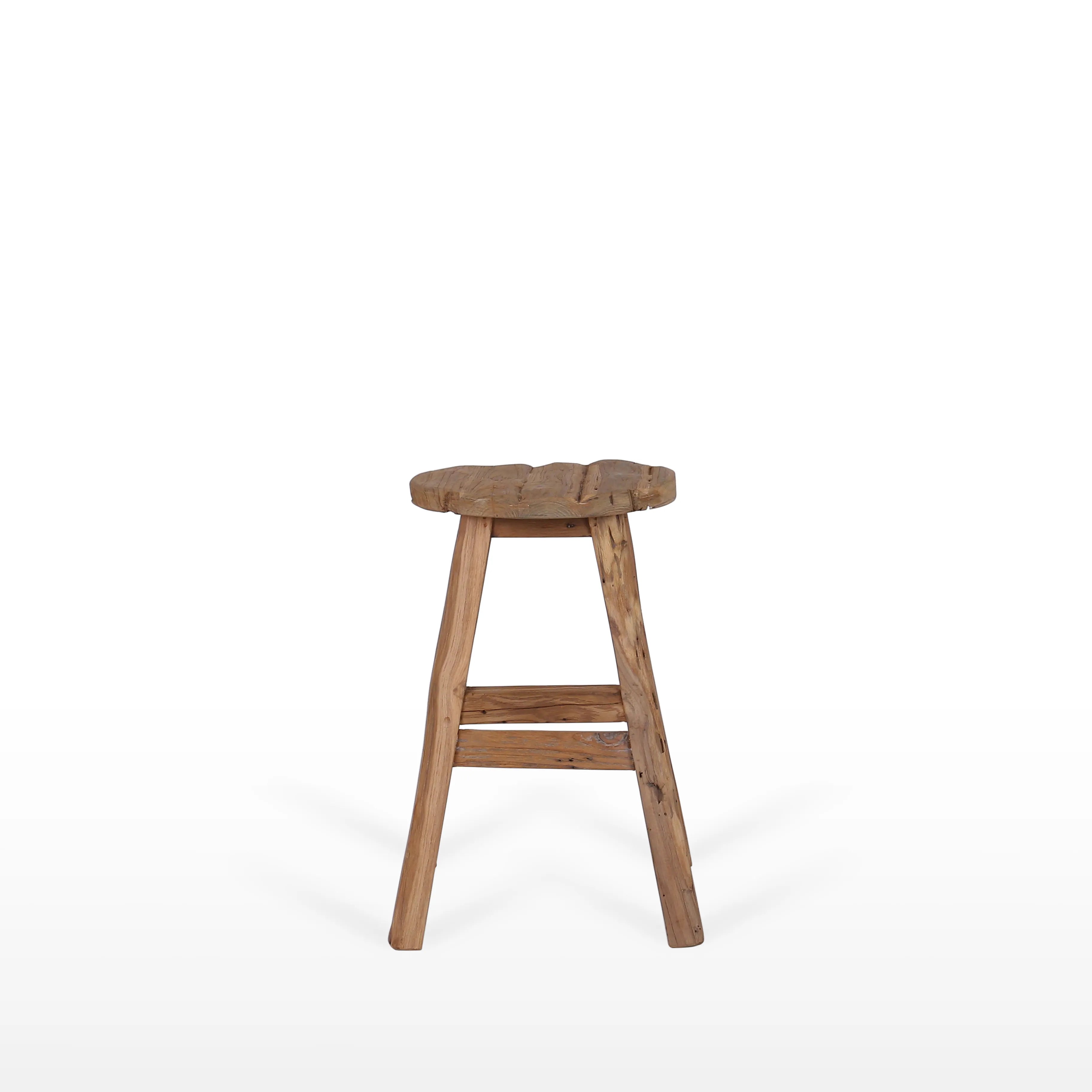 Ronde vintage barkruk van massief teakhout met 4 poten diameter 30 cm en hoogte 76 cm handgemaakt in Indonesië