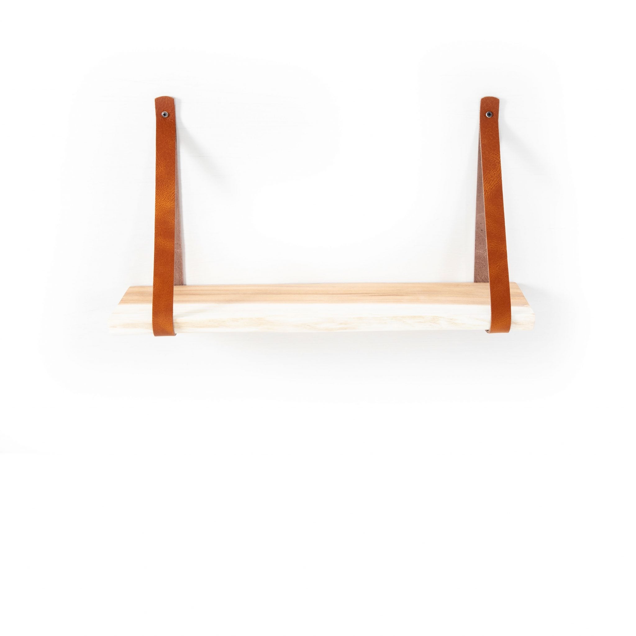 Houten Wandplank Panji van teakhout met leren plankdragers, zijaanzicht