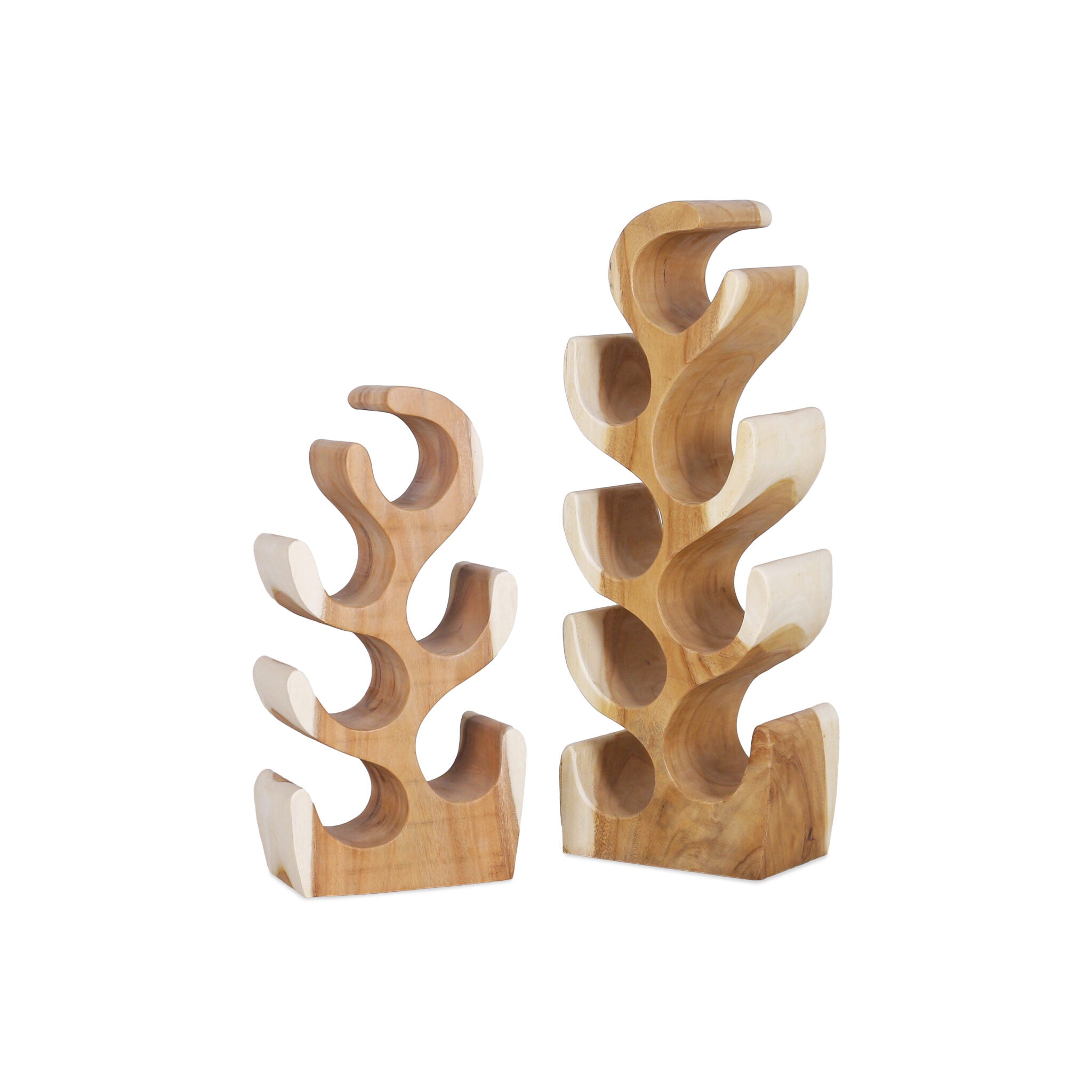 Twee houten wijnrekken van suarhout voor wijnflessen.