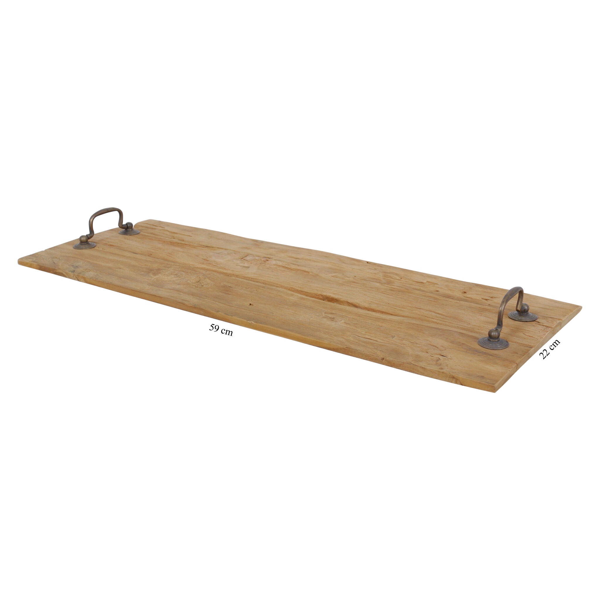 Tapasplank van oud teakhout 58 cm met metalen handgrepen.
