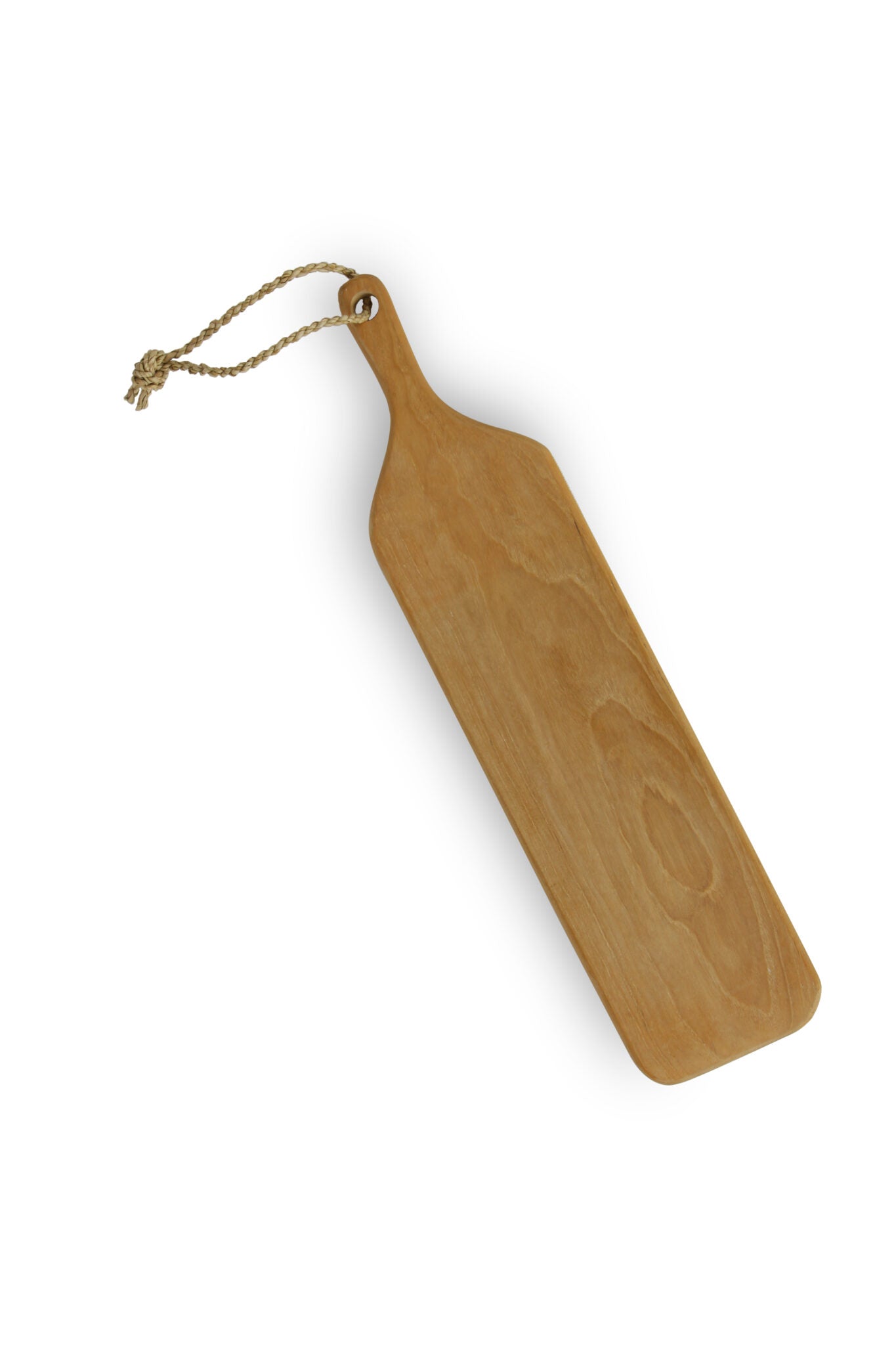 Langwerpige tapasplank van teak met handvat en koord 60 x 12 cm.
