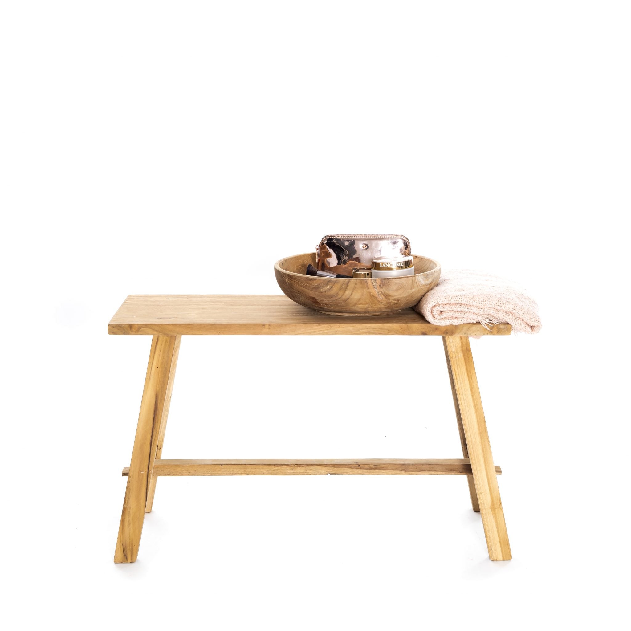 Teakhouten bankje Ganesja gestyled met andere producten