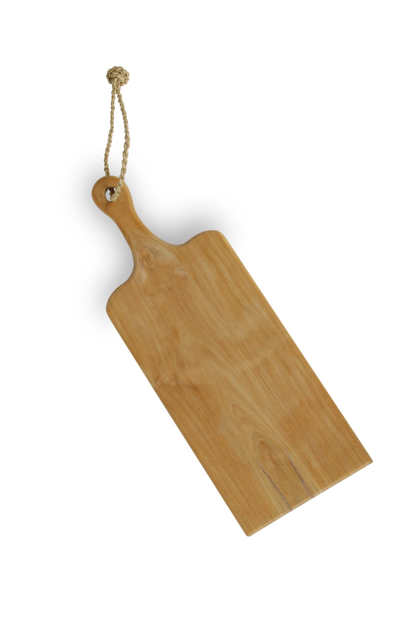 Smalle tapasplank van teakhout met steel en ophangkoord 50 cm.
